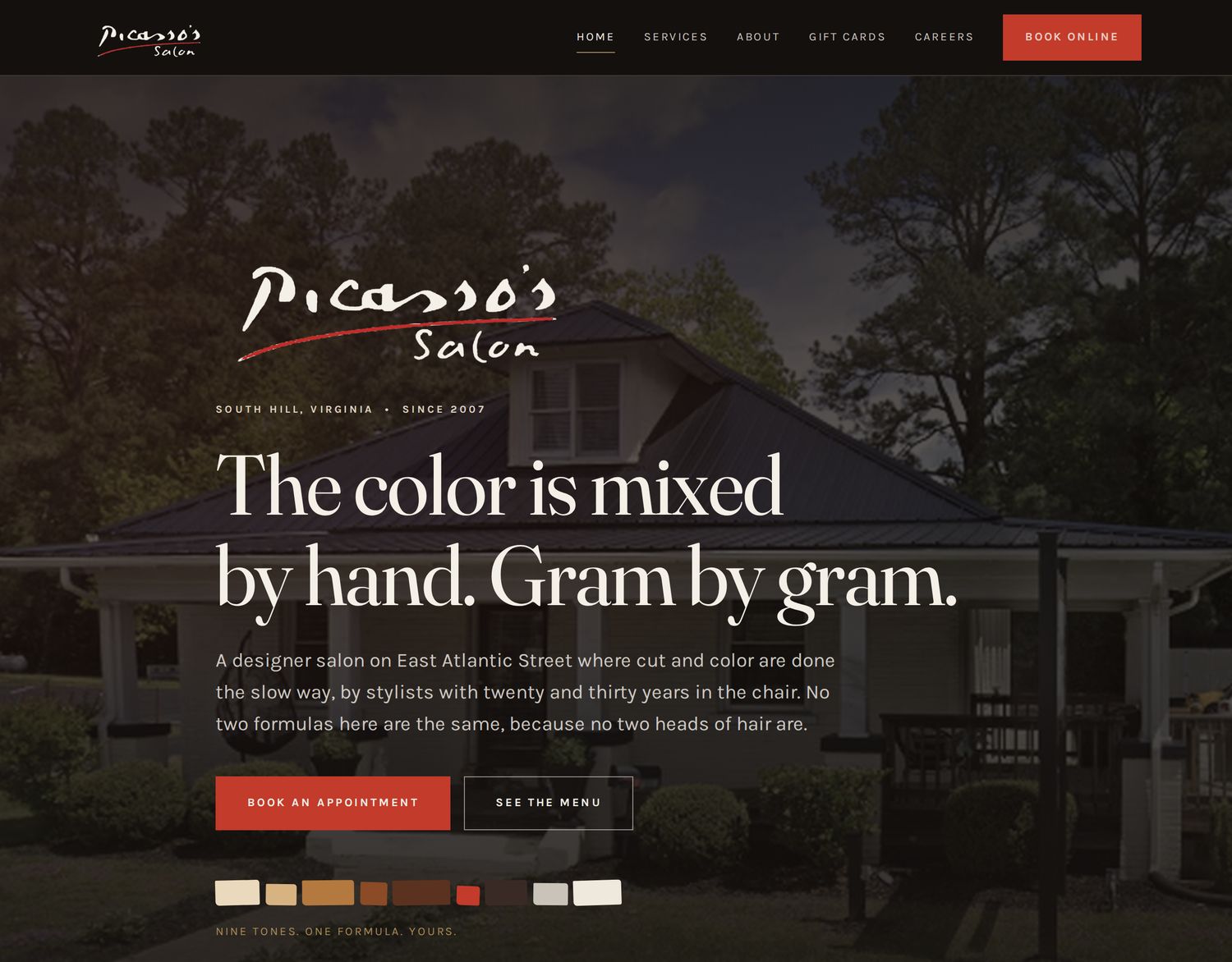 The Picasso's Salon home page hero with labelled regions