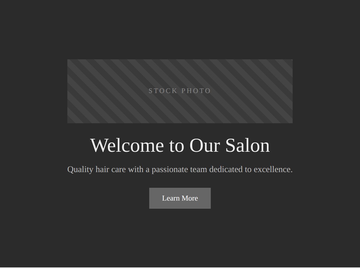 Two hero sections, one generic with a stock photo placeholder and one specific to the real salon