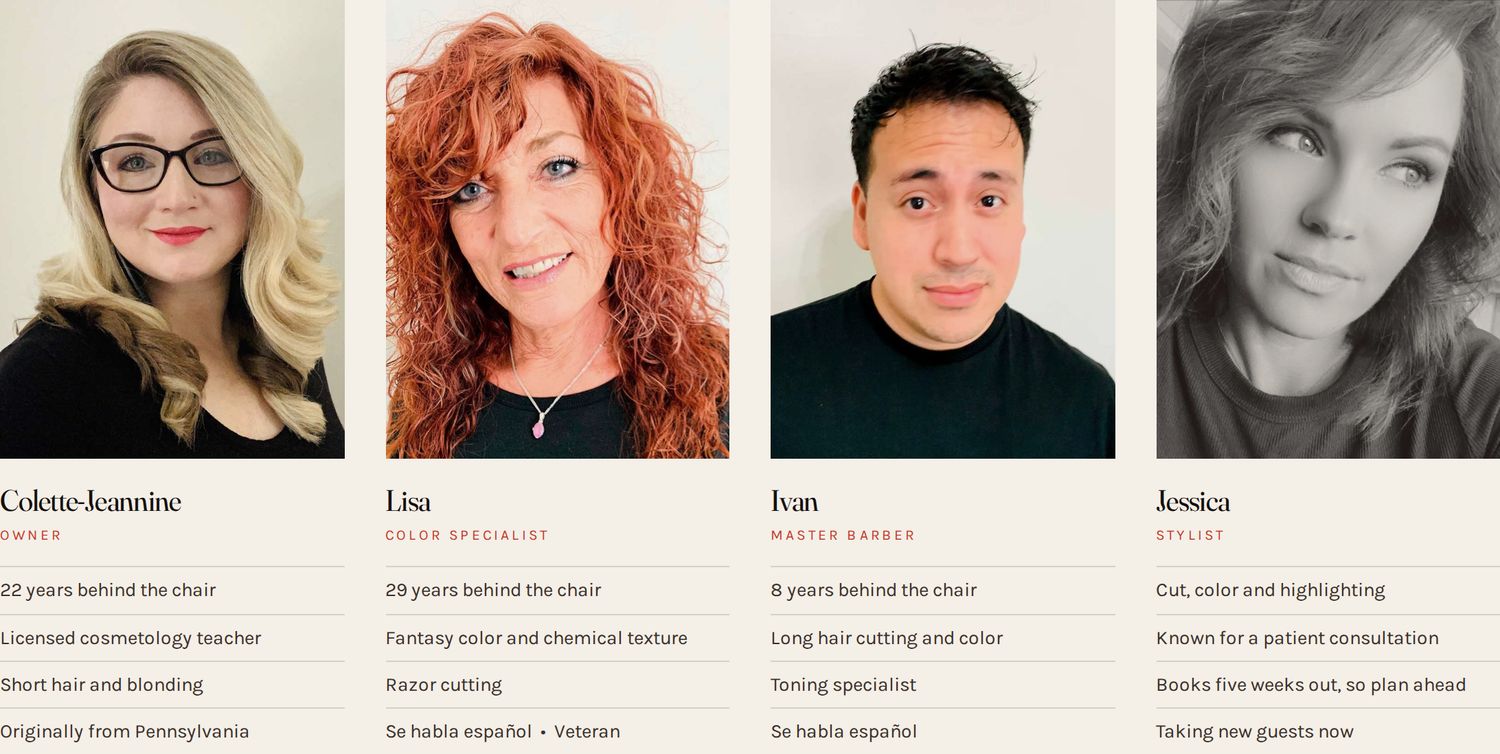 Four stylist portraits in a row on the Picasso's Salon team section
